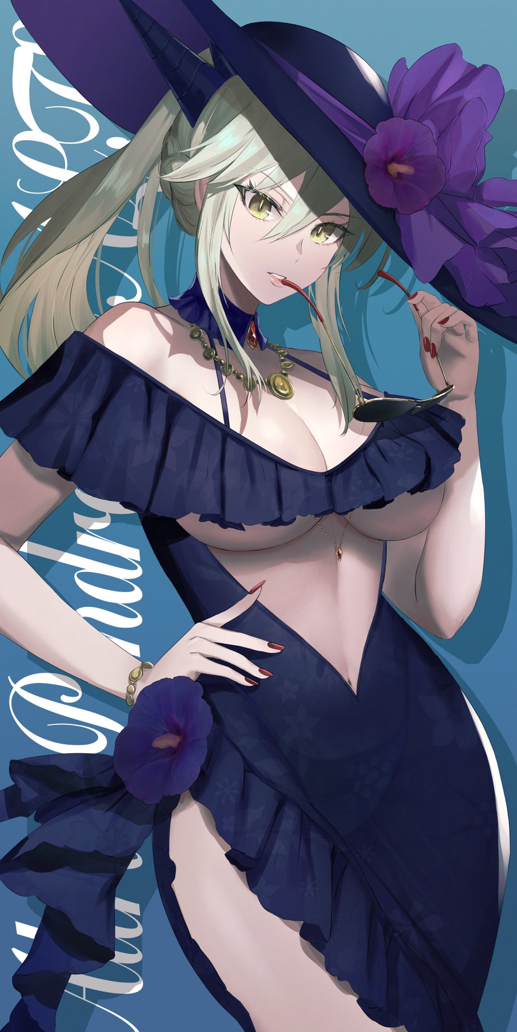 1girl, artoria_pendragon_(fate), artoria_pendragon_(lancer_alter)_(fate), blonde_hair, bracelet, breasts, dolce_(dolsuke), eyewear_removed, fate/grand_order, fate_(series), hand_on_hip, hat, highres, holding, holding_eyewear, horns, jewelry, large_breasts, lips, nail_polish, navel, necklace, red_nails, revealing_clothes, sun_hat, sunglasses, tagme, under_boob, yellow_eyes