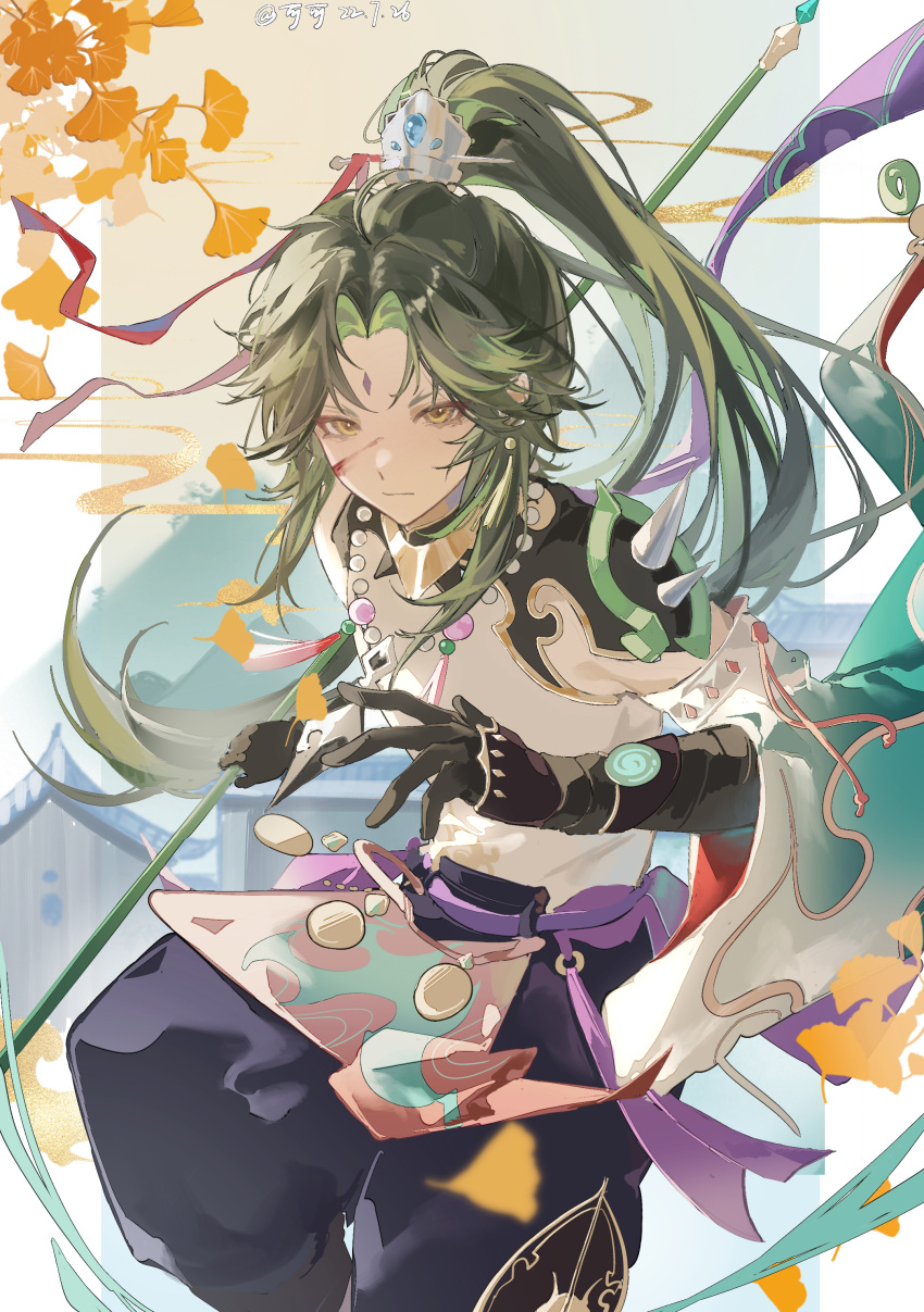 1boy, absurdres, alternate_hairstyle, arm_guards, arm_tattoo, asymmetrical_clothes, bead_necklace, beads