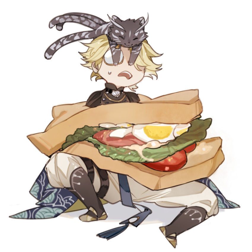 1boy, ^_^, animal_on_head, black_footwear, blonde_hair, boots, cat, cat_on_head, character_request, chibi, closed_eyes, code009, covered_eyes, covering_another's_eyes, egg_(food), facing_viewer, food, food_request, hardboiled_egg, in_food, knee_boots, lettuce, male_focus, miniboy, multiple_tails, on_head, open_mouth, pants, pants_tucked_in, sandwich, shanhai_jing_hua, simple_background, sitting, sweatdrop, tail, tassel, tomato, tomato_slice, white_background