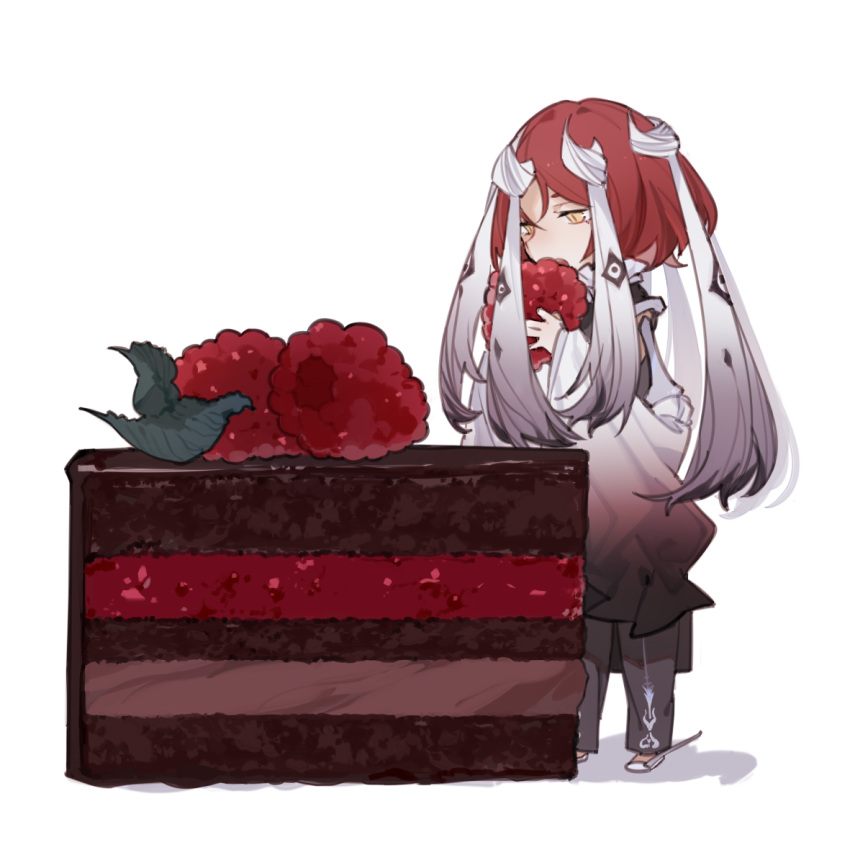 bob_cut, cake, cake_slice, character_request, chibi, chocolate_cake, code009, eating