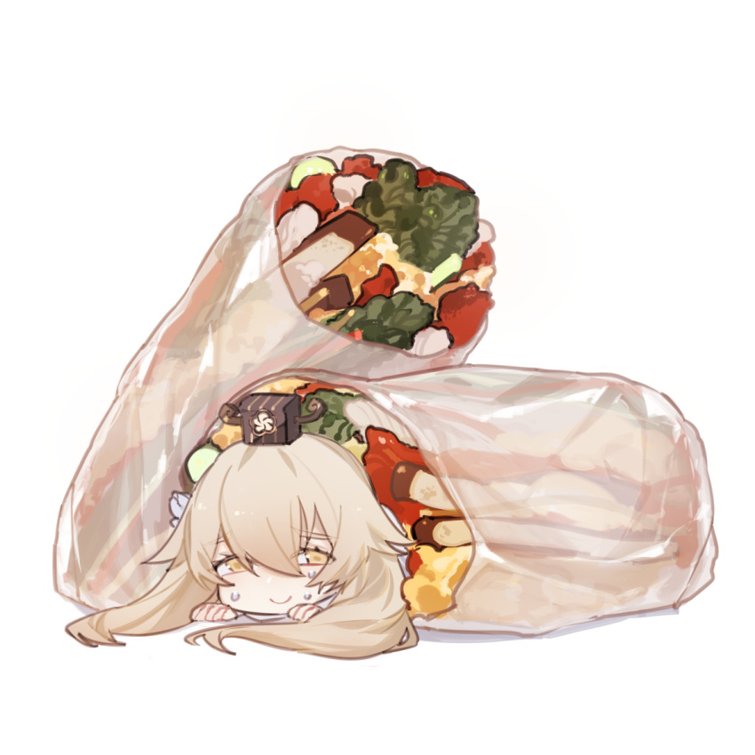 bangs, black_headwear, character_request, chibi, code009, food, food_request, hat