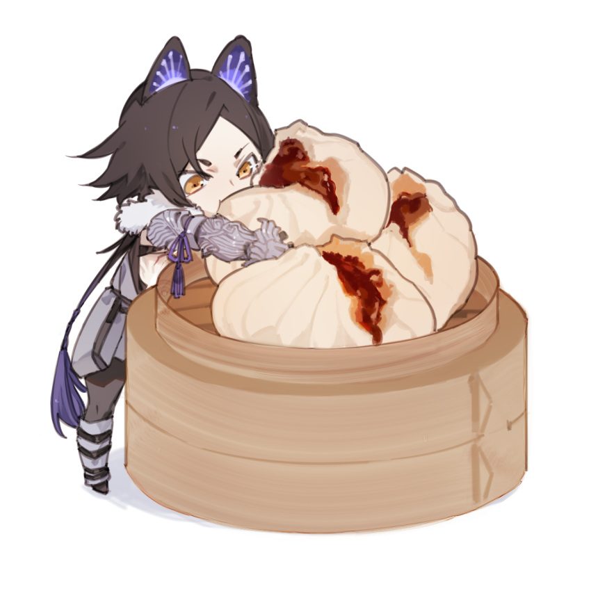 1boy, animal_ears, arm_up, bamboo_steamer, baozi, belt, biting, black_hair