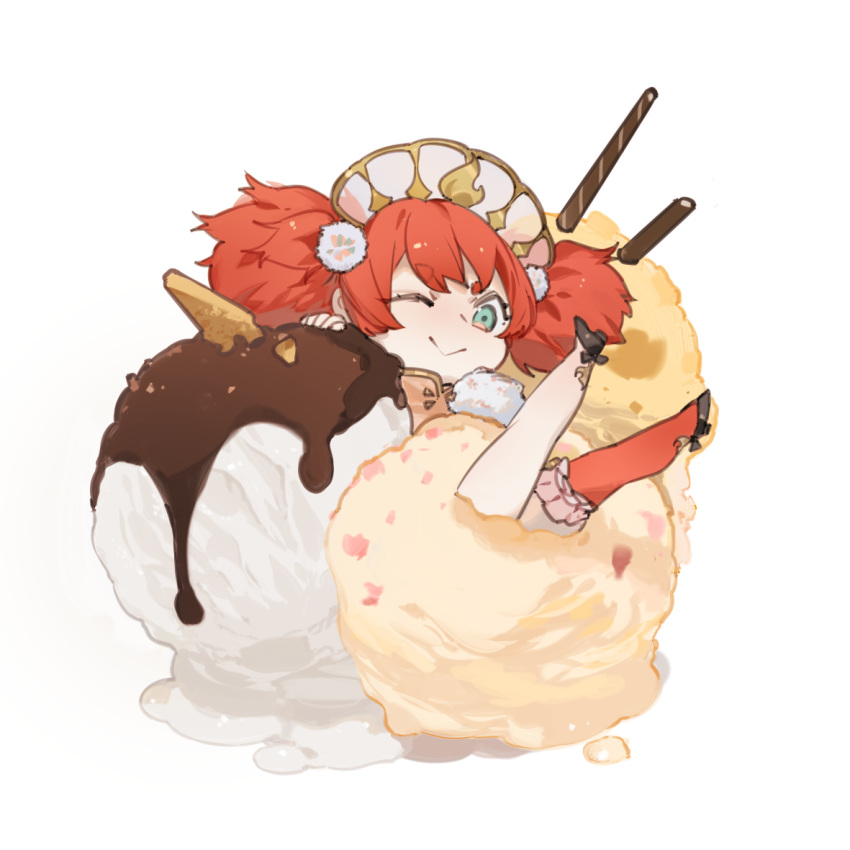 1girl, ;), aqua_eyes, bangs, black_footwear, character_request, chibi, code009, crumbs, food, food_request, hair_ornament, hat, ice_cream, ice_cream_cone, in_food, legs_up, looking_away, minigirl, one_eye_closed, orange_hair, orange_thighhighs, pocky, pom_pom_(clothes), pom_pom_hair_ornament, shanhai_jing_hua, sidelocks, simple_background, single_thighhigh, smile, solo, thigh-highs, triple_scoop, twintails, white_background