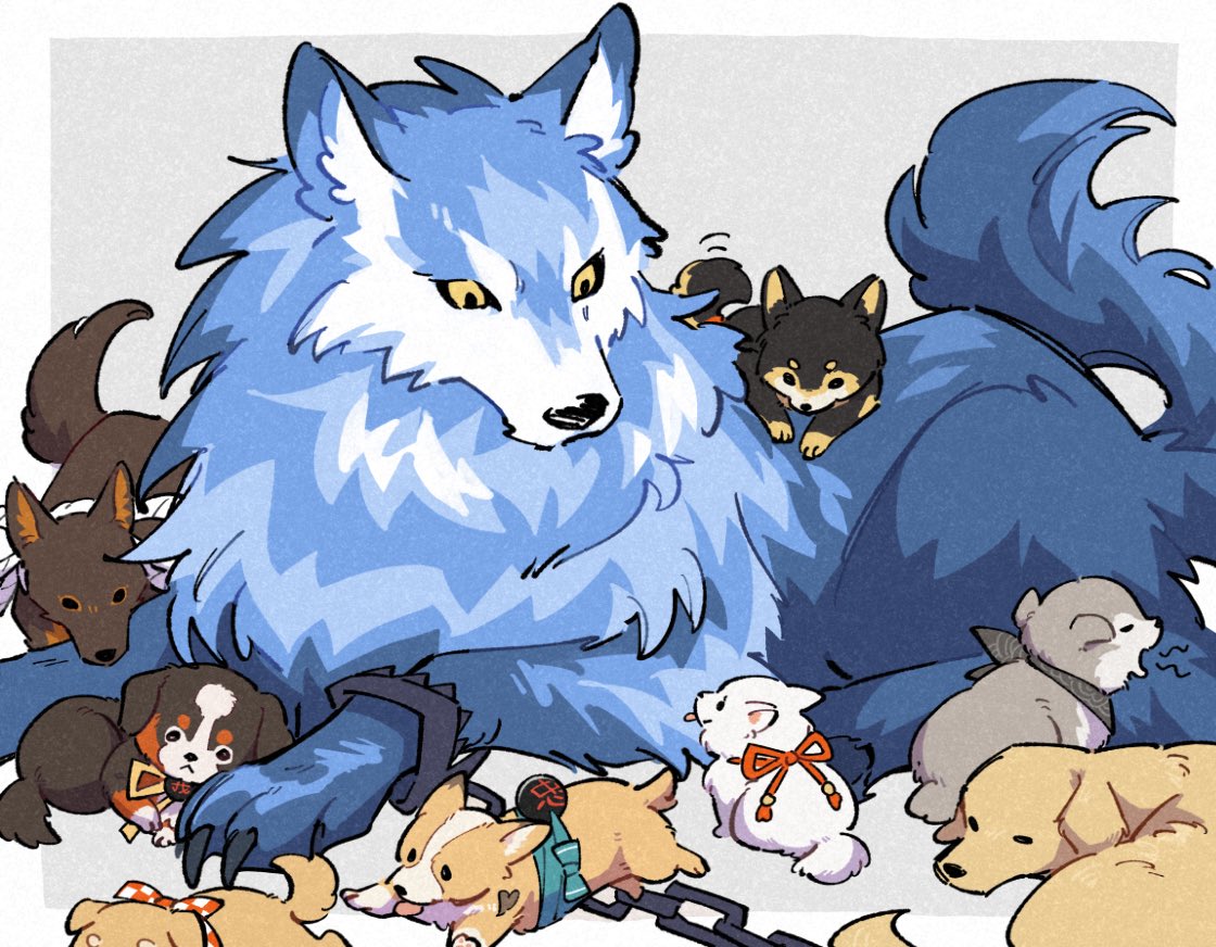 bow, chain, claws, colored_sclera, dog, fate/grand_order, fate_(series), foothold_trap, kuhu1212, lobo_(fate), no_humans, running, scarf, sleeping_animal, wolf, yellow_sclera