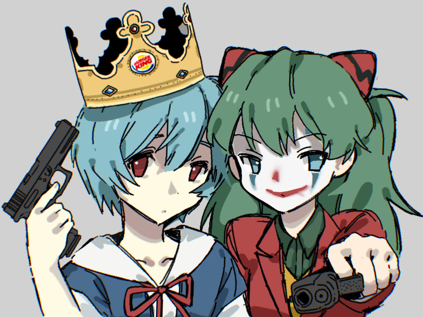 2girls, ayanami_rei, blue_hair, burger_king, collared_shirt, cosplay, crown, formal