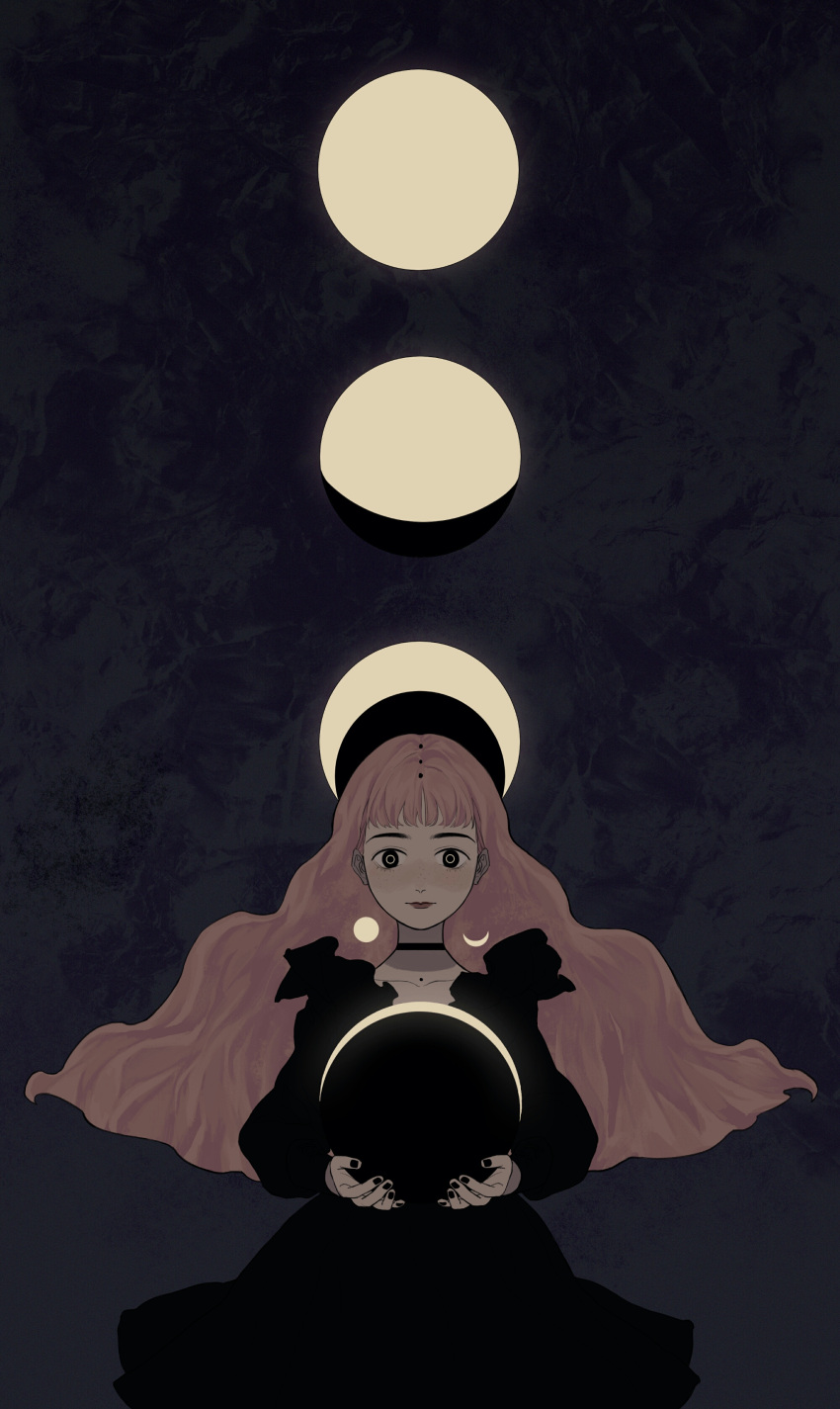 1girl, absurdres, asymmetrical_earrings, bangs, big_hair, black_dress, black_nails, blunt_bangs