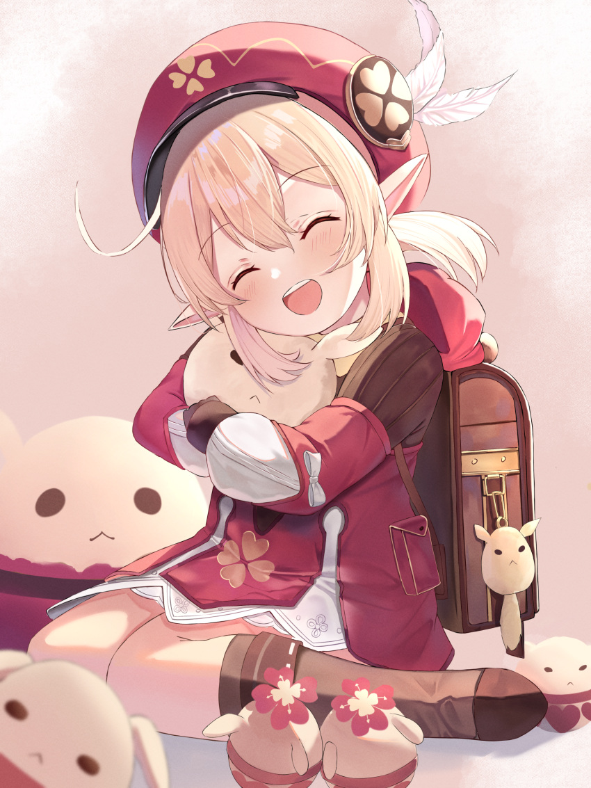 1girl, :d, absurdres, ahoge, bangs, boots, cabbie_hat, clover_print