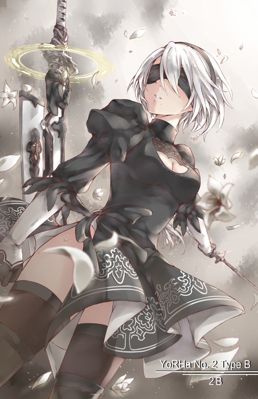 1girl, black_blindfold, black_footwear, black_gloves, black_hairband, blindfold, brown_thighhighs, character_name