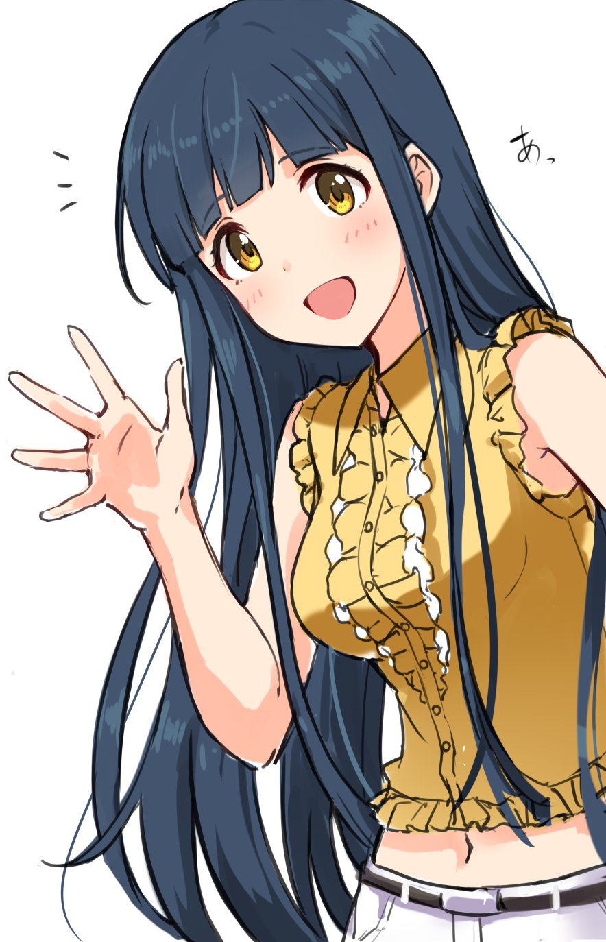 1girl, bangs, belt, black_belt, black_hair, blush, breasts, check_commentary