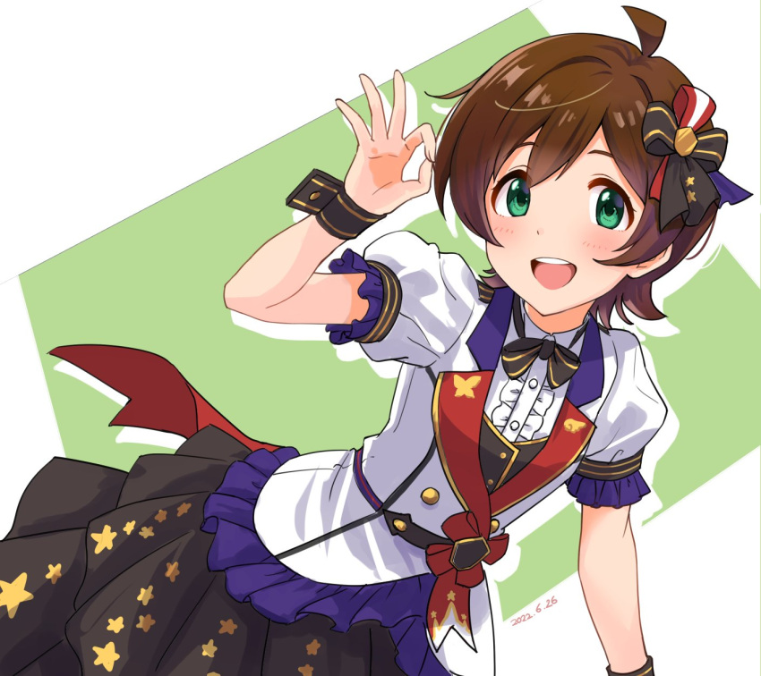 1girl, ahoge, bangs, black_bow, black_bowtie, black_skirt, blush, bow