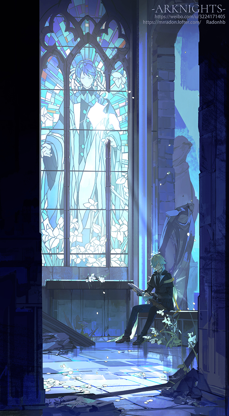 1boy, andoain_(arknights), arknights, artist_name, bangs, black_capelet, black_footwear, black_gloves, black_jacket, black_pants, capelet, church, cleaning_weapon, copyright_name, crack, enforcer_(arknights), fingerless_gloves, flower, gloves, grey_hair, gun, hair_over_one_eye, halo, highres, holding, holding_gun, holding_weapon, indoors, jacket, long_sleeves, looking_away, male_focus, mrradon, necktie, one_eye_covered, overgrown, pants, plant, rubble, ruins, shoes, short_hair, shotgun, sitting, solo, stained_glass, statue, tile_floor, tiles, vines, weapon, web_address, white_flower, wings