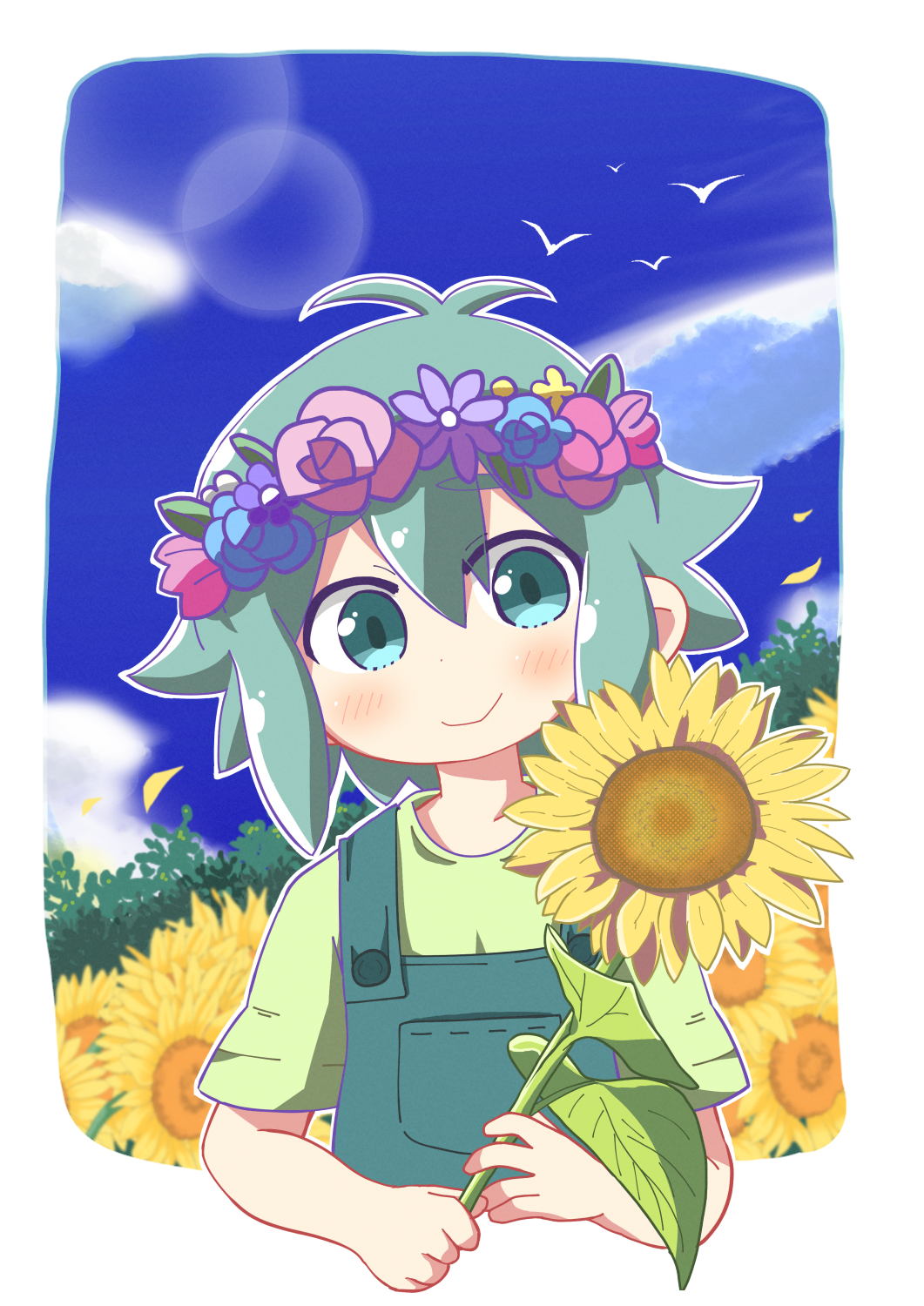 1boy, basil_(omori), blush, closed_mouth, day, dokuta, flower, green_eyes