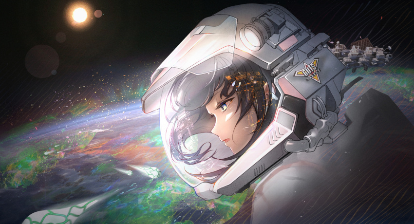 1girl, astronaut, black_hair, blue_eyes, chinese_commentary, earth_(planet), from_side, highres