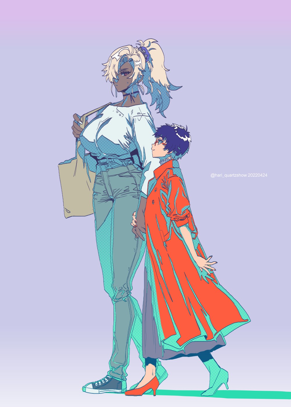 2girls, antenna_hair, bag, belt, black_footwear, blonde_hair, blue_eyes, blue_hair, brown_bag, choker, closed_mouth, coat, dark-skinned_female, dark_blue_hair, dark_skin, fingernails, frills, gradient, gradient_background, grey_skirt, hair_over_one_eye, hari_(quartzshow), height_difference, high_heels, highres, holding, holding_hands, long_hair, long_skirt, looking_at_another, multiple_girls, orange_coat, orange_footwear, original, patterned, ponytail, purple_background, red_nails, shirt_tucked_in, shoes, short_hair, skirt, sleeves_rolled_up, smile, sneakers, sweat, twitter_username, violet_eyes, walking