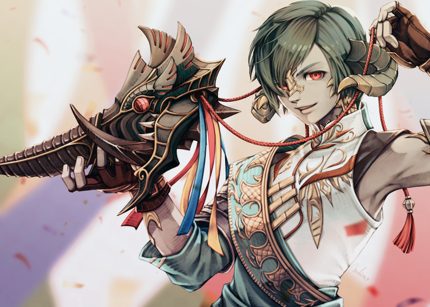 1boy, asymmetrical_clothes, au_ra, bangs, blurry, blurry_background, brown_gloves, character_mask