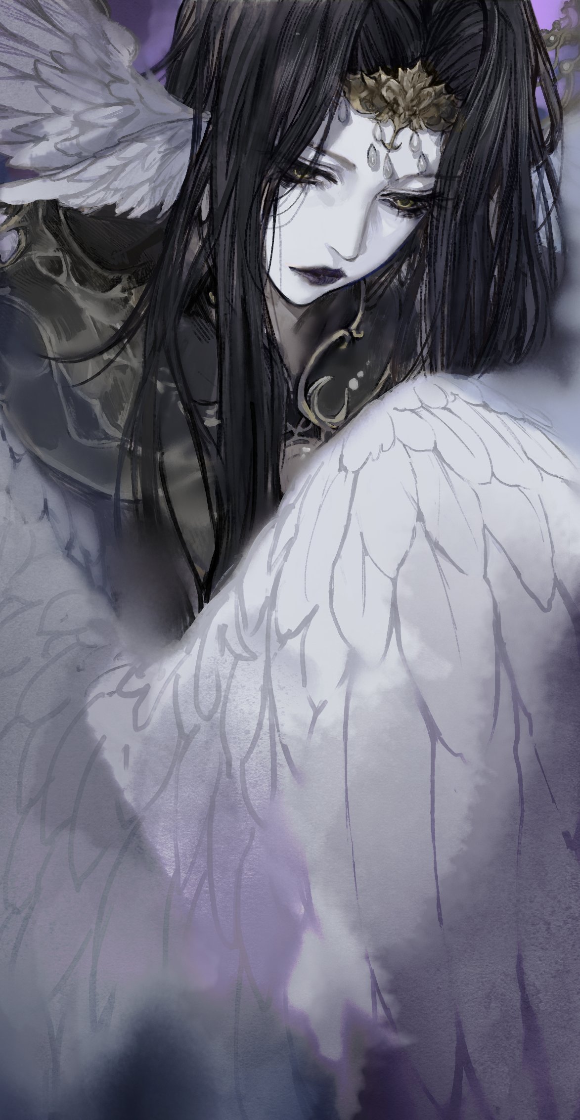1girl, black_hair, circlet, colored_skin, expressionless, feathered_wings, final_fantasy, final_fantasy_xiv