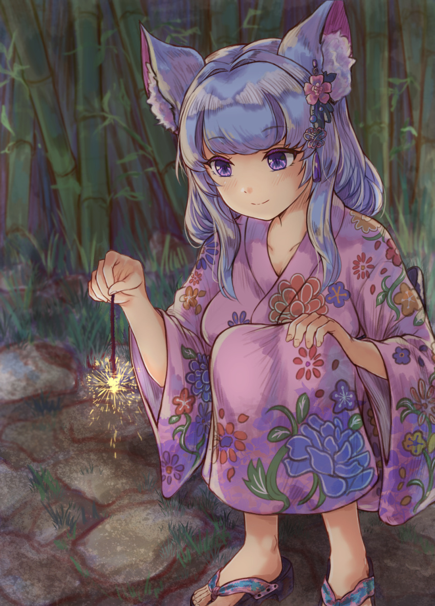 1girl, animal_ear_fluff, animal_ears, aria_vlive, bamboo, bamboo_forest, bangs, black_footwear, blue_hair, closed_mouth, commentary, commission, english_commentary, fireworks, floral_print, flower, forest, hand_on_own_knee, highres, hikari_niji, holding_fireworks, indie_virtual_youtuber, japanese_clothes, kimono, long_hair, long_sleeves, nature, night, outdoors, pink_flower, pink_kimono, print_kimono, senkou_hanabi, smile, solo, sparkler, squatting, violet_eyes, virtual_youtuber, wide_sleeves, zouri