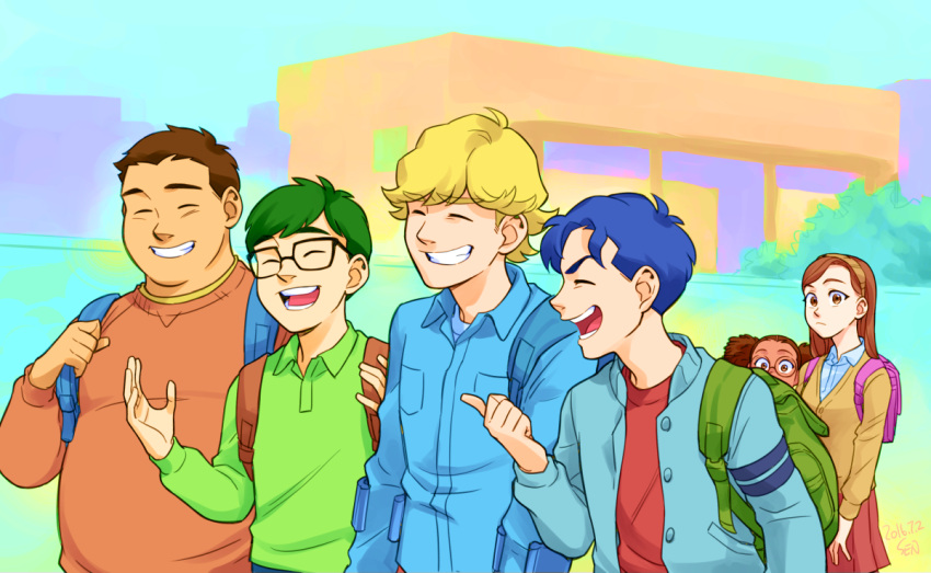 2girls, 4boys, ahoge, antenna_hair, bag, billy_batson, black_hair, brown_eyes