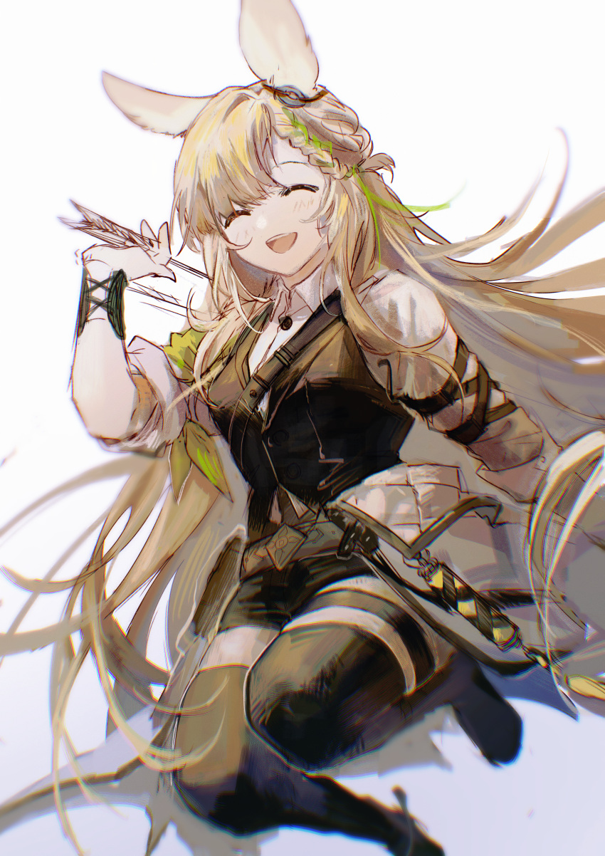 1girl, :d, ^_^, absurdres, animal_ears, arknights, black_footwear, black_shorts, black_vest, blush, boots, braid, brown_hair, closed_eyes, collared_shirt, dress_shirt, facing_viewer, gradient, gradient_background, grey_background, hand_up, highres, kroos_(arknights), kroos_the_keen_glint_(arknights), long_hair, nekokomo_maoweimu, shirt, short_shorts, short_sleeves, shorts, smile, solo, thigh-highs, very_long_hair, vest, white_background, white_shirt