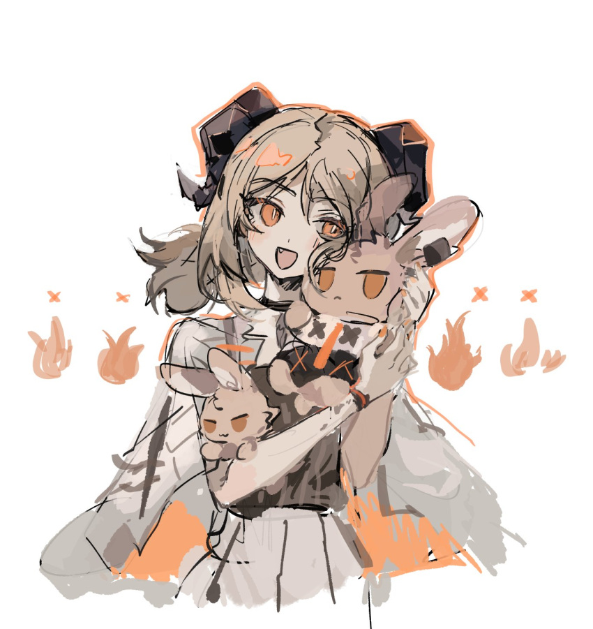 1girl, :d, apple_da-ze, arknights, bangs, brown_eyes, brown_hair, cloak