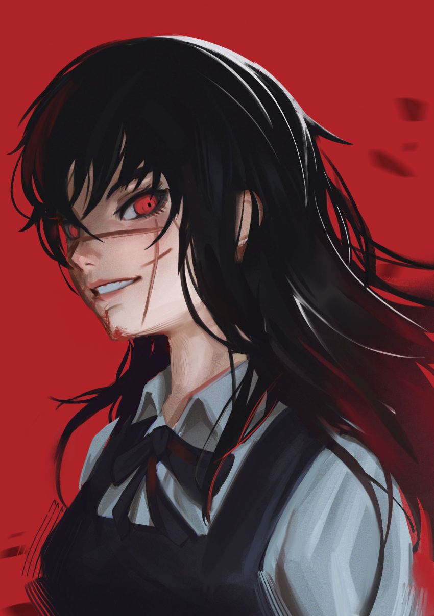 1girl, afrotunaart, black_bow, blood, blood_on_face, bow, chainsaw_man, eyelashes, hair_between_eyes, highres, long_eyelashes, long_hair, looking_at_viewer, mitaka_asa, parted_lips, pink_lips, red_eyes, ribbon, scar, scar_on_cheek, scar_on_face, scar_on_nose, smile, solo, teeth, upper_body, war_devil_(chainsaw_man)