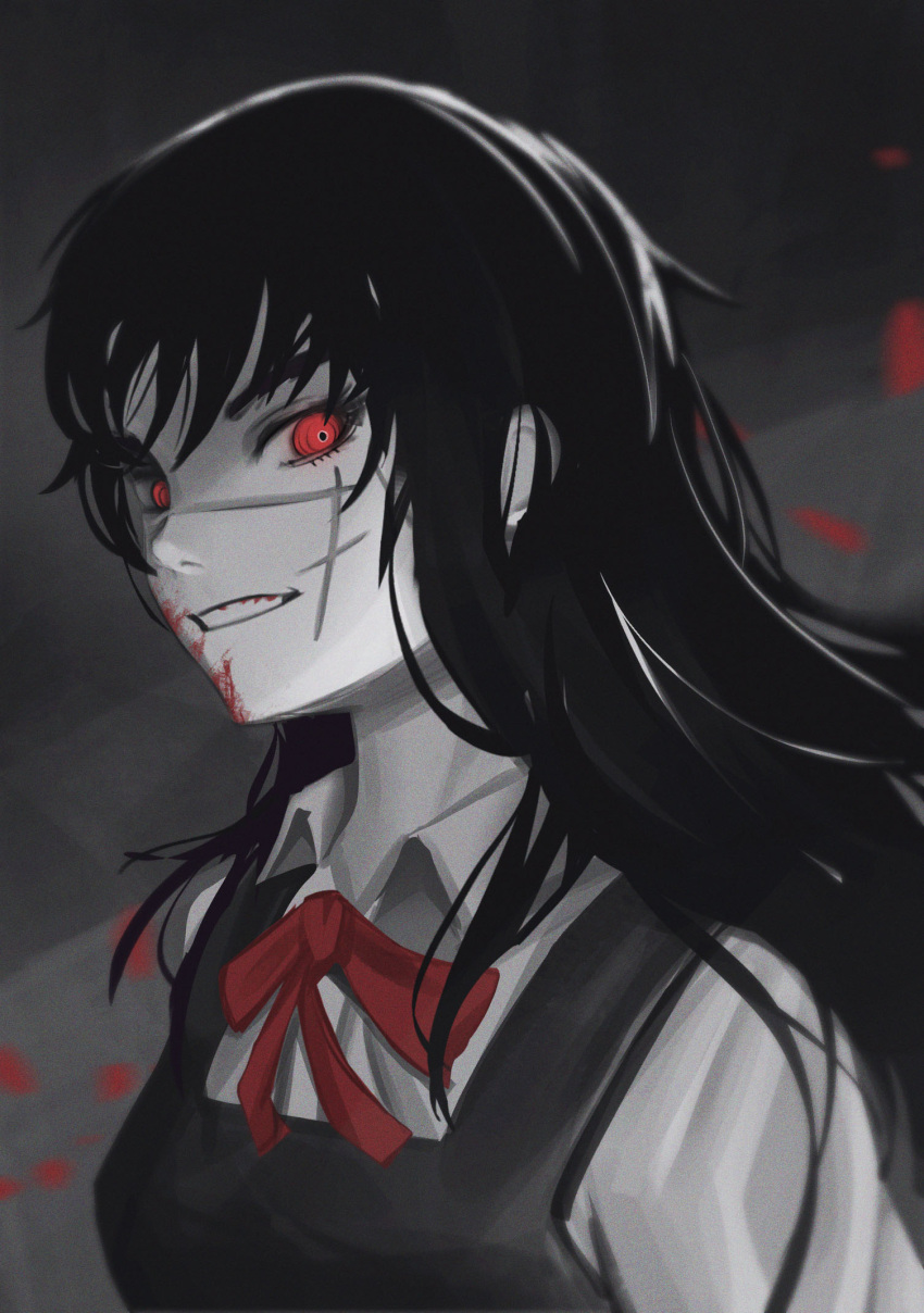1girl, afrotunaart, blood, blood_on_face, chainsaw_man, eyelashes, greyscale, hair_between_eyes, highres, long_eyelashes, long_hair, looking_at_viewer, mitaka_asa, monochrome, parted_lips, red_eyes, red_ribbon, ribbon, scar, scar_on_cheek, scar_on_face, scar_on_nose, smile, solo, spot_color, teeth, upper_body, war_devil_(chainsaw_man)