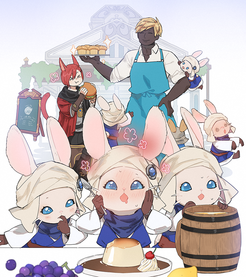 >_<, 2boys, 6+others, :t, @_@, ^_^, alcohol, ambiguous_gender, animal_ears, apron, bangs, barista, beer, black_scarf, blonde_hair, blue_apron, blue_dress, blue_eyes, blue_gemstone, blue_scarf, blue_sclera, blush, boots, brown_footwear, brown_gloves, building, burger, cat_boy, cat_ears, cat_tail, chalkboard_sign, closed_eyes, collared_shirt, colored_sclera, commentary_request, dark-skinned_male, dark_skin, dress, drooling, eating, employee_uniform, final_fantasy, final_fantasy_xiv, finger_in_own_mouth, flower_(symbol), food, fruit, full-face_blush, furry, g'raha_tia, gem, gg_dal, gloves, grapes, hand_on_hip, hands_on_own_cheeks, hands_on_own_face, holding, holding_food, holding_spoon, holding_tray, hyur, korean_commentary, long_sleeves, looking_at_food, loporrit, miqo'te, muffin, multiple_boys, multiple_others, on_shoulder, open_mouth, outdoors, outstretched_arms, plate, pudding, puddingway, rabbit_ears, rabbit_tail, redhead, scarf, shirt, short_hair, smile, sparkle, spoon, standing, sweat, swept_bangs, tail, tail_raised, tankard, tray, turban, uniform, whiskers, white_background, white_shirt, yellow_headwear, zombie_pose