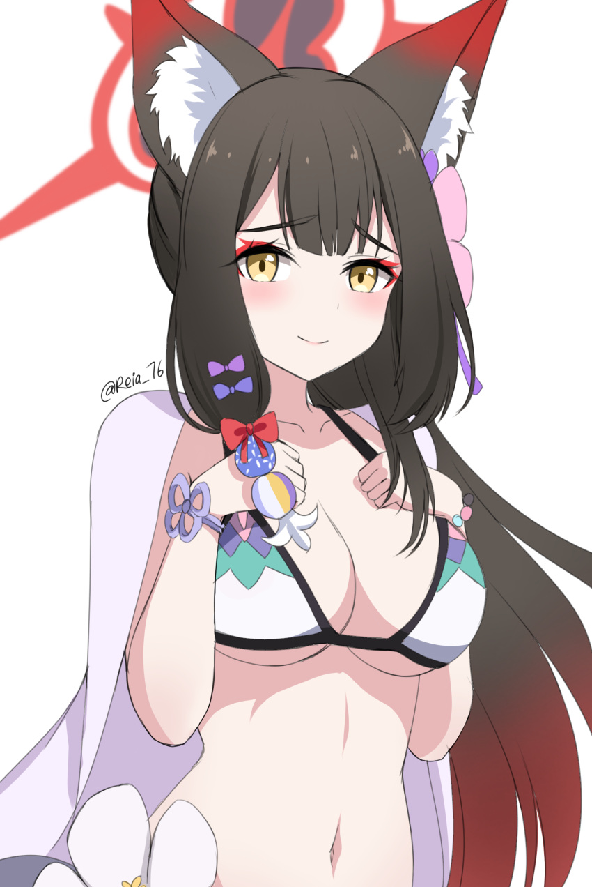 1girl, animal_ear_fluff, animal_ears, bangs, bead_bracelet, beads, bikini, black_hair, blue_archive, blush, bracelet, breast_suppress, breasts, cleavage, closed_mouth, eyeshadow, fox_ears, halo, highres, jewelry, looking_at_viewer, makeup, medium_breasts, navel, raised_eyebrows, reia_76, simple_background, smile, swimsuit, twitter_username, upper_body, wakamo_(blue_archive), wakamo_(swimsuit)_(blue_archive), white_background, white_bikini, yellow_eyes