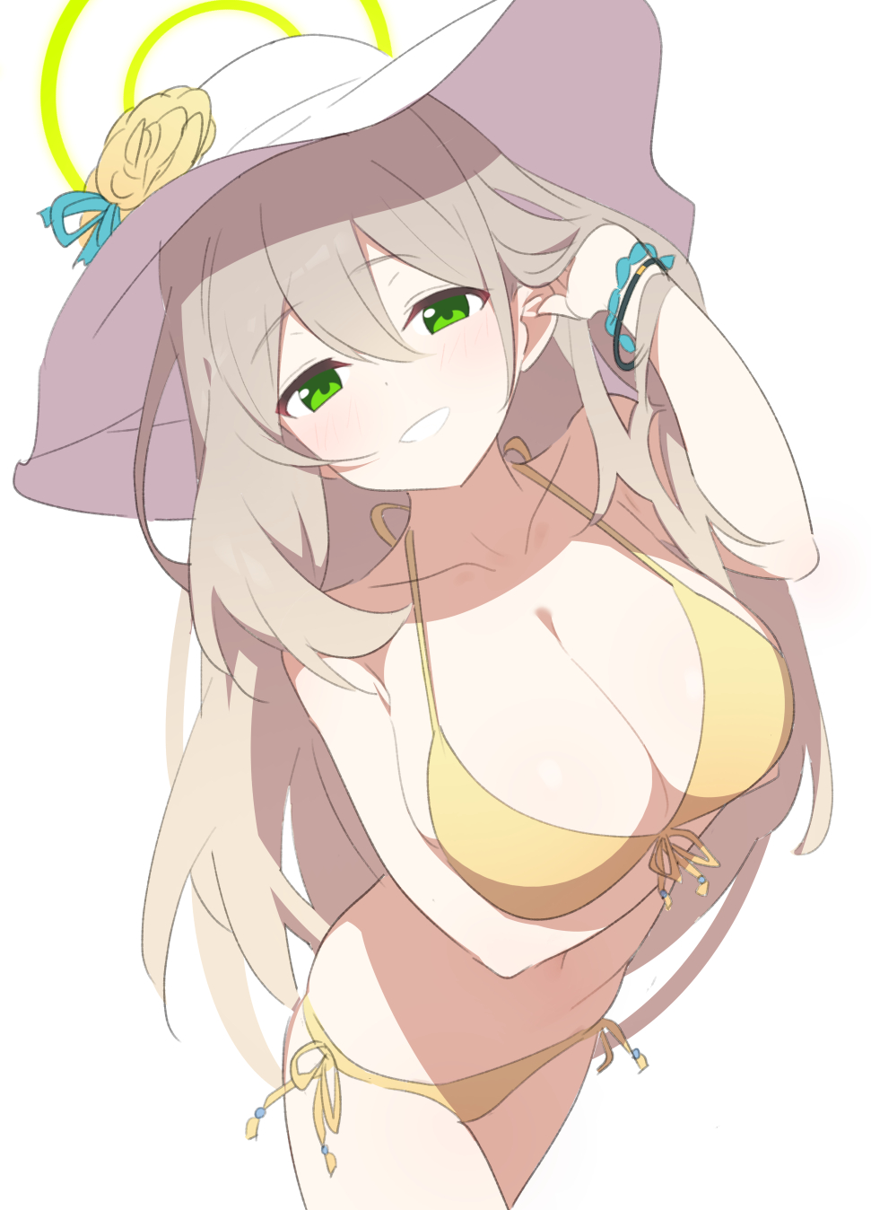 1girl, arm_under_breasts, bikini, blue_archive, blue_ribbon, bracelet, breasts, collarbone