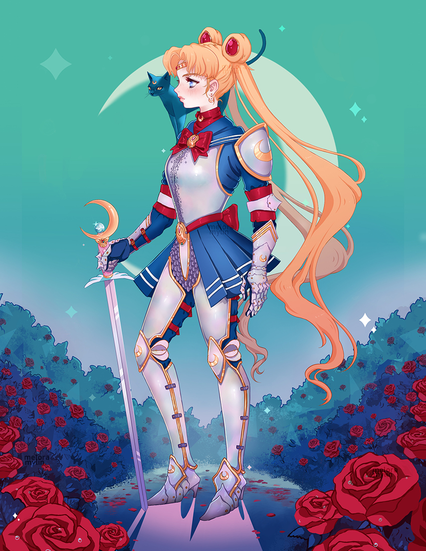 1girl, adapted_costume, alternate_costume, armor, armored_boots, armored_dress, bishoujo_senshi_sailor_moon, blonde_hair, blue_eyes, boots, breastplate, crescent, crescent_earrings, crescent_moon, double_bun, earrings, english_commentary, field, flower, flower_field, from_side, gauntlets, hair_bun, high_heel_boots, high_heels, jewelry, leg_armor, long_hair, luna_(sailor_moon), meloramylin, moon, planted, planted_sword, pleated_skirt, red_flower, red_ribbon, red_rose, ribbon, rose, sailor_moon, shin_guards, shoulder_armor, skirt, solo, solo_focus, sword, tiara, tsuki_ni_kawatte_oshioki_yo, tsukino_usagi, twintails, weapon