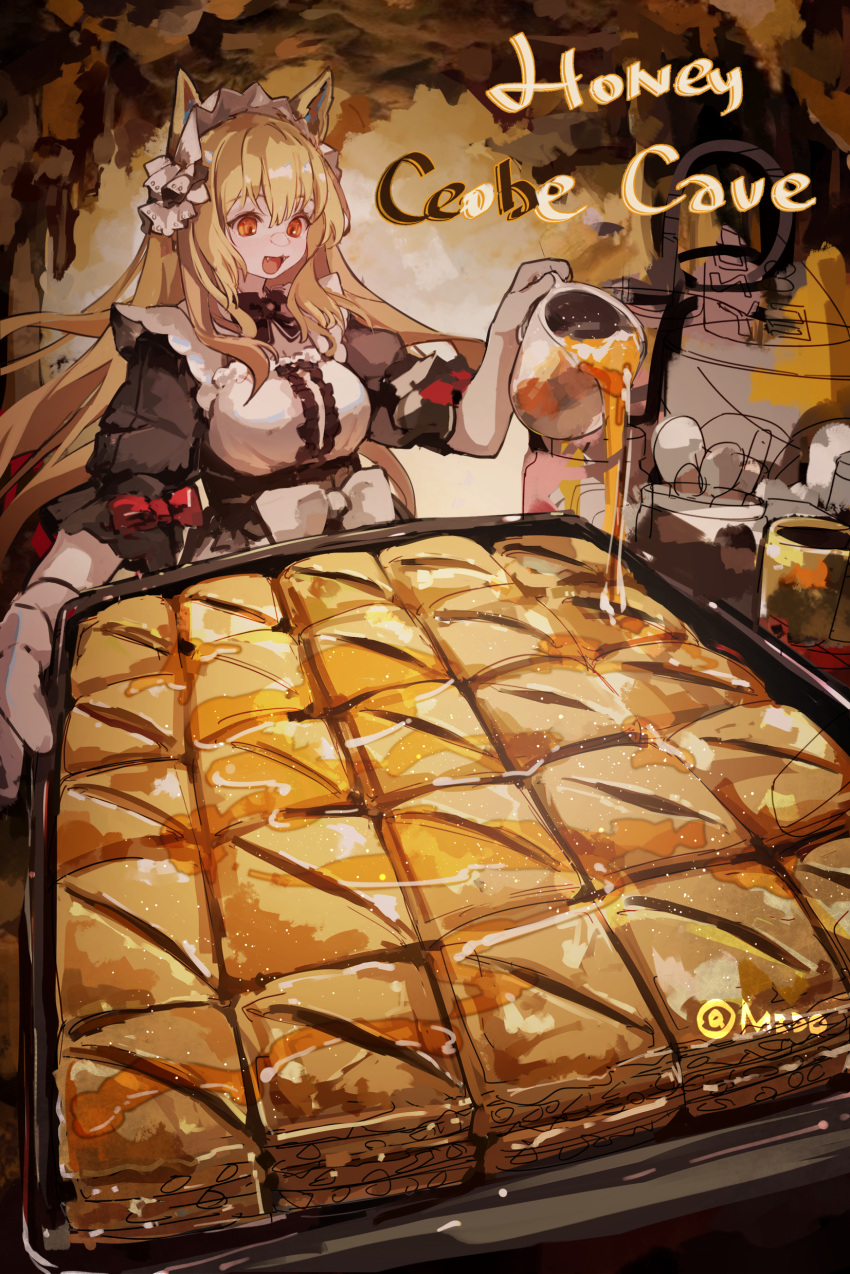 1girl, :d, absurdres, alternate_costume, animal_ears, arknights, black_dress, bow, breasts, brown_hair, ceobe_(arknights), character_name, cook, dog_ears, dog_girl, dress, enmaided, fangs, food, hair_between_eyes, highres, holding_jug, long_hair, maid, maid_headdress, medium_breasts, mido_(mido_chen), open_mouth, pouring, red_eyes, short_sleeves, sketch, smile, solo, two-tone_dress, very_long_hair, white_bow, white_dress