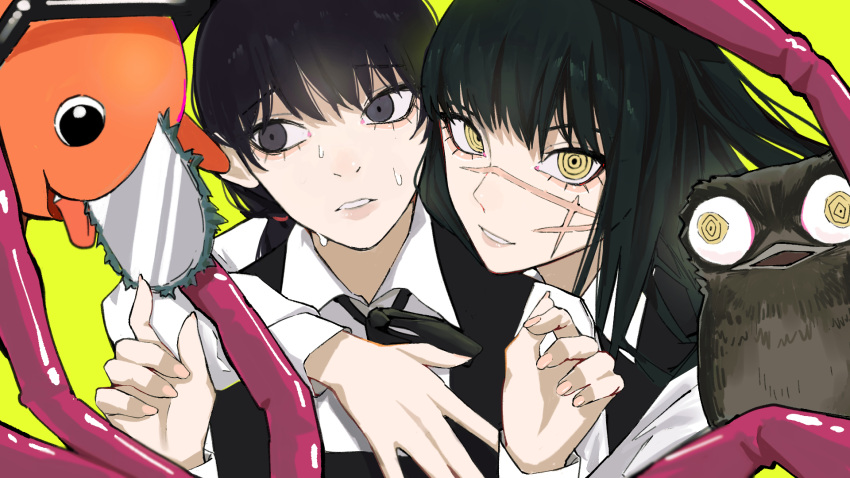 2girls, @_@, black_eyes, black_hair, chainsaw, chainsaw_man, grey_eyes, hair_between_eyes