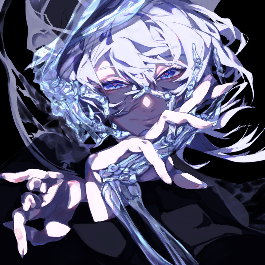 1other, absurdres, bangs, black_background, blue_eyes, close-up, closed_mouth, grey_hair