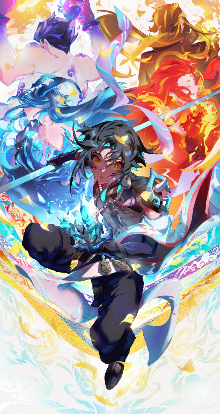 2girls, 3boys, absurdres, aqua_hair, arm_tattoo, bead_necklace, beads, black_hair, blue_hair, bonanus_(genshin_impact), bosacius_(genshin_impact), broken_mask, closed_eyes, closed_mouth, commentary_request, extra_arms, facial_mark, flexing, forehead_mark, genshin_impact, gloves, highres, hnzwakira, holding, holding_mask, holding_weapon, horns, indarias_(genshin_impact), jewelry, leaf, long_hair, looking_at_viewer, mask, menogias_(genshin_impact), multicolored_hair, multiple_boys, multiple_girls, necklace, orange_eyes, orange_hair, parted_lips, polearm, pose, purple_hair, redhead, tattoo, toned, toned_male, weapon, xiao_(genshin_impact)