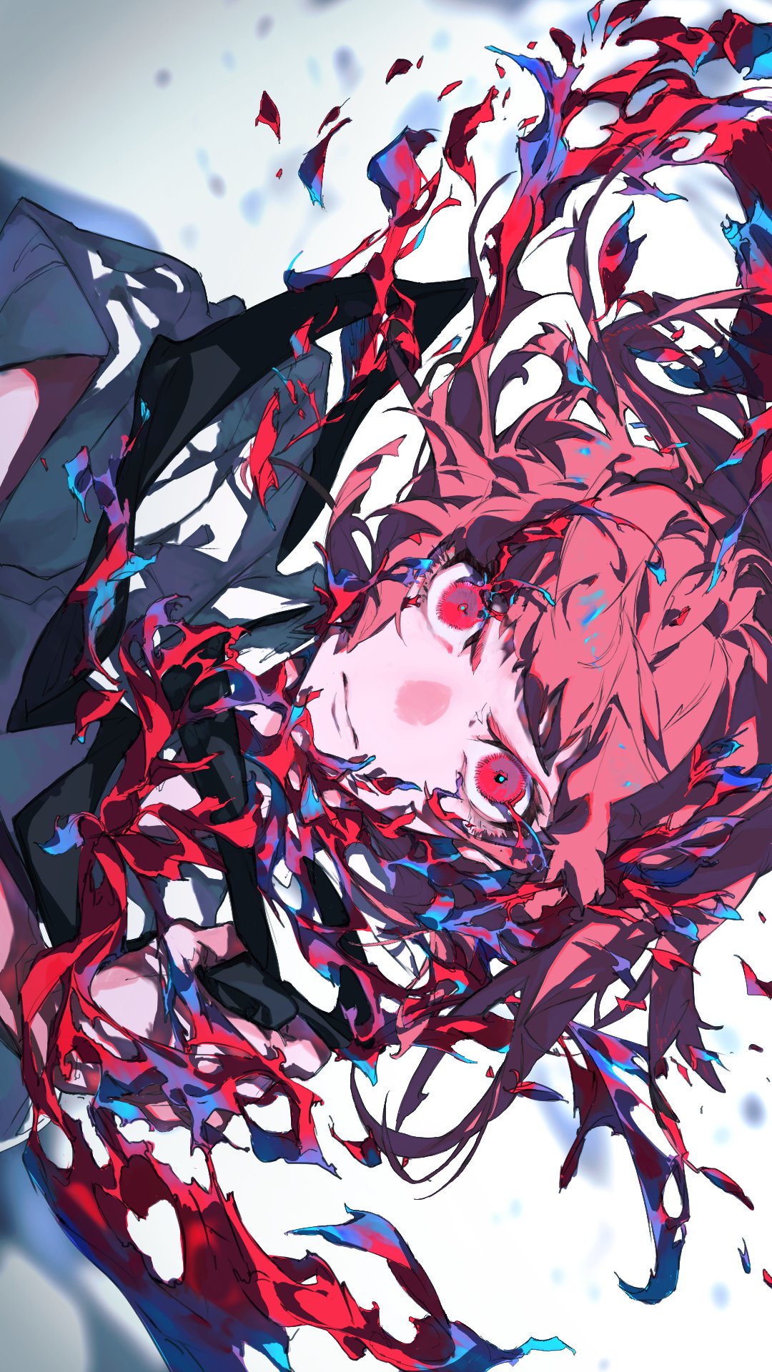 1girl, bangs, black_neckerchief, blue_hair, closed_mouth, commentary_request, dress, floating_hair, highres, hnzwakira, long_hair, looking_at_viewer, multicolored_hair, neckerchief, original, red_eyes, redhead, sideways, simple_background, solo, upper_body, white_dress