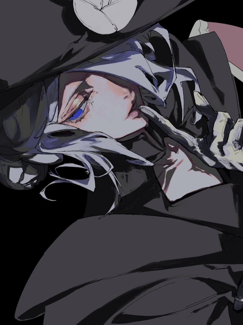 1girl, bangs, black_background, black_dress, black_headwear, blue_eyes, cogita_(pokemon), dress