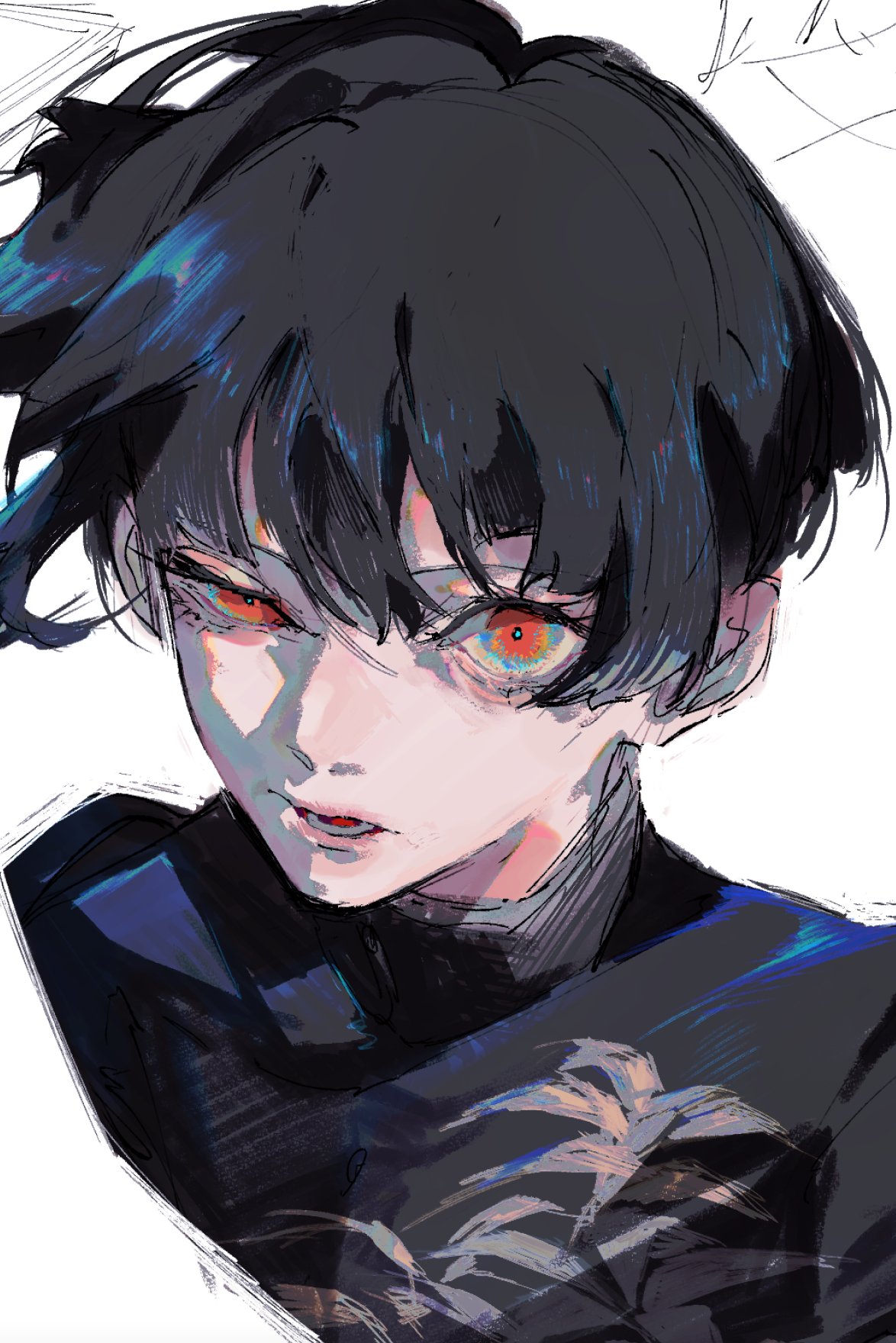 1boy, androgynous, bangs, black_hair, eyelashes, floral_print, hair_between_eyes, highres