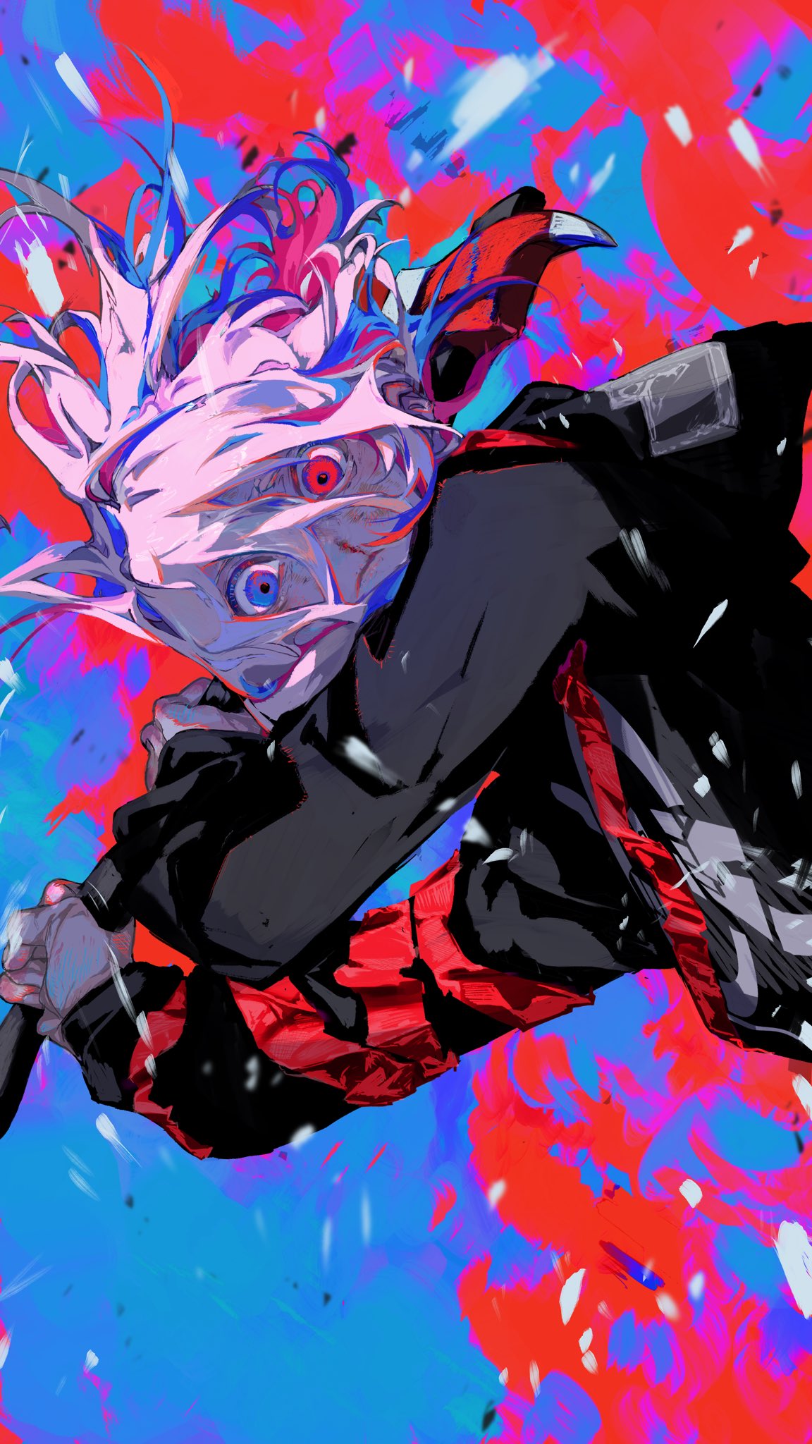 1other, axe, bangs, black_hoodie, blue_eyes, blue_hair, commentary_request, fire_axe