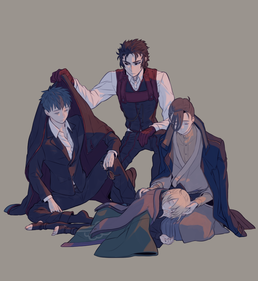 1girl, 3boys, arm_guards, black_eyes, black_hair, black_jacket, black_pants, black_socks