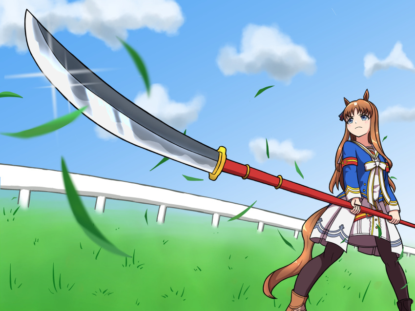 1girl, animal_ears, armband, asymmetrical_footwear, black_footwear, blue_coat, blue_eyes, bow, bowtie, brown_footwear, brown_hair, brown_pantyhose, clouds, coat, determined, diffraction_spikes, ear_ribbon, fighting_stance, foreshortening, glint, gold_trim, grass, grass_wonder_(umamusume), highres, holding, holding_polearm, holding_weapon, horse_ears, horse_girl, horse_racing_track, horse_tail, long_hair, long_sleeves, mismatched_footwear, multicolored_hair, naginata, outdoors, pantyhose, polearm, pose, ranmaru_(cmkd7735), red_armband, sailor_collar, sky, solo, sunrise_stance, tail, two-handed, two-tone_coat, two-tone_hair, umamusume, weapon, white_bow, white_bowtie, white_coat, white_hair, white_sailor_collar