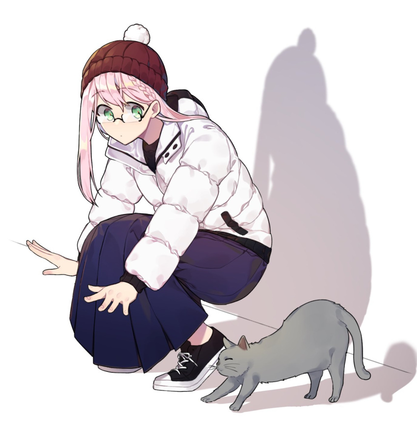 1girl, beanie, black_footwear, black_shirt, blue_skirt, braid, cat, dot_mouth