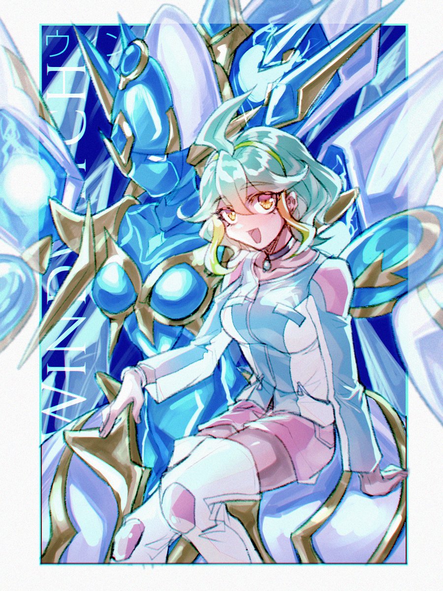 absurdres, ahoge, belt, boots, bracelet, breasts, choker, cleavage, duel_monster, earrings, female, gem, green_hair, highres, jacket, jewelry, jumpsuit, mam_mi_, multicolored_hair, orange_eyes, rin_(yuu-gi-ou_arc-v), short_hair, shorts, small_breasts, solo, two-tone_hair, udoshiyo, wavy_hair, windwitch_diamond_bell, yellow_eyes, yu-gi-oh!, yu-gi-oh!_arc-v, yuu-gi-ou, yuu-gi-ou_arc-v