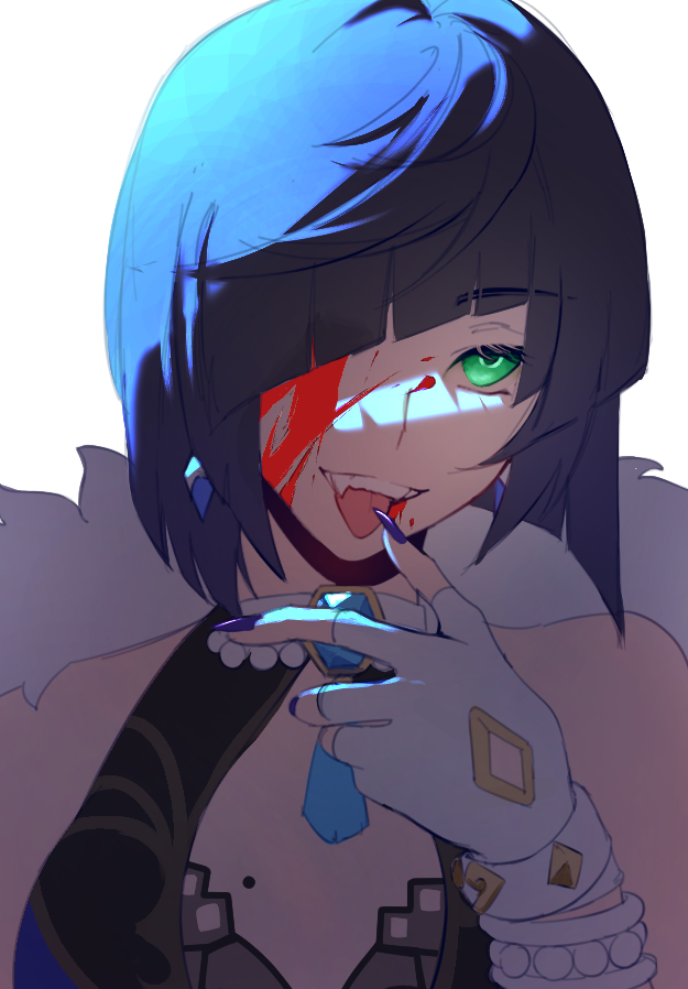 bangs, blood, blood_on_face, blue_hair, blue_nails, breasts, cathpalugs, coat