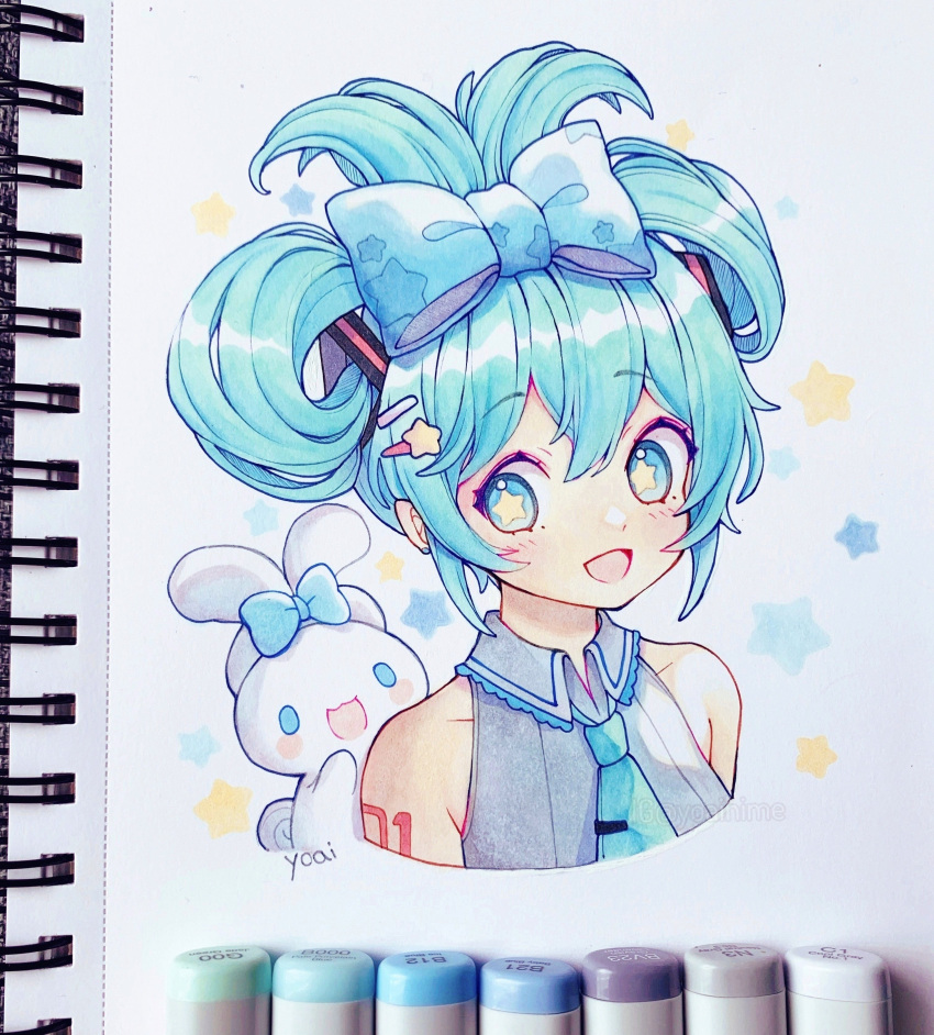 1girl, absurdres, alternate_hairstyle, anny_(yoai), aqua_eyes, aqua_hair, aqua_necktie, arm_tattoo