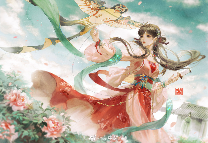 1girl, blue_sky, braid, brown_hair, building, bush, faceless, faceless_male