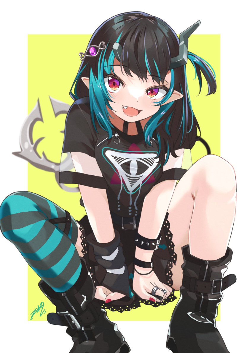 1girl, :d, absurdres, bangs, black_dress, black_footwear, black_hair, blue_hair
