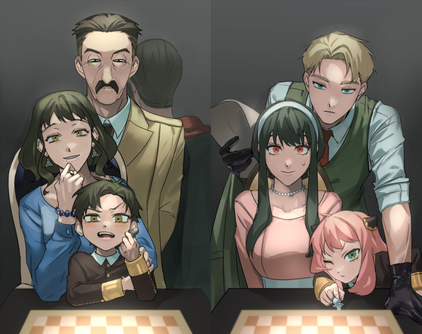 3girls, 4boys, anya_(spy_x_family), arms_behind_back, black_cape, black_dress, black_gloves, black_hair, black_shirt, blonde_hair, blue_dress, blush, board_game, brothers, brown_eyes, brown_hair, brown_jacket, buttons, cape, chair, chess, chess_piece, chessboard, closed_mouth, collarbone, collared_shirt, commentary, damian_desmond, demetrius_desmond, donovan_desmond, dress, earrings, eden_academy_uniform, facial_hair, father_and_daughter, father_and_son, female_child, gloves, gold_trim, green_eyes, green_jacket, green_vest, grin, hairband, hairpods, half-closed_eyes, highres, holding, holding_chess_piece, holding_paper, husband_and_wife, jacket, jacket_removed, jewelry, long_hair, long_sleeves, looking_at_viewer, male_child, melinda_desmond, mole, mole_under_mouth, mother_and_daughter, mother_and_son, multiple_boys, multiple_girls, mustache, necklace, necktie, one_eye_closed, open_clothes, open_jacket, paper, pearl_necklace, pink_dress, pink_hair, qksas3, red_eyes, red_necktie, ring, school_uniform, shirt, short_hair, siblings, sitting, sitting_on_lap, sitting_on_person, sleeves_rolled_up, smile, spoilers, spy_x_family, sweatdrop, table, teeth, twilight_(spy_x_family), uniform, upper_teeth, vest, white_hairband, white_shirt, yor_briar
