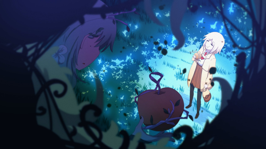 2girls, apple, bangs, black_footwear, black_thighhighs, blonde_hair, blurry, blurry_foreground
