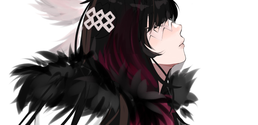 1girl, absurdres, black_hair, chaikatwt, closed_eyes, coat, columbina_(genshin_impact), eyewear_on_head, fur-trimmed_coat, fur_trim, genshin_impact, head_wings, highres, multicolored_hair, redhead, white_background