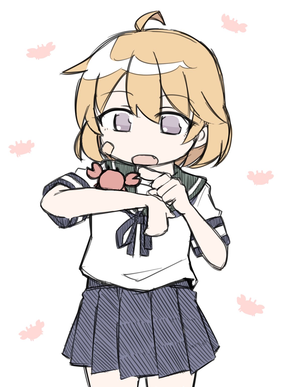 1girl, ahoge, animal_on_arm, bandaid, bandaid_on_face, blue_sailor_collar, blue_skirt, brown_hair